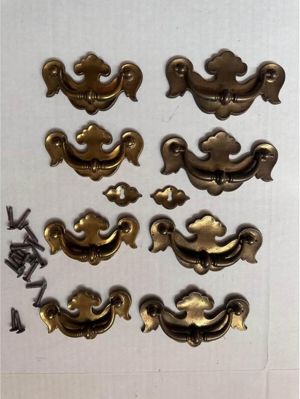 Vintage Chippendale style brass 8 drawer pulls and 2 keyhole covers